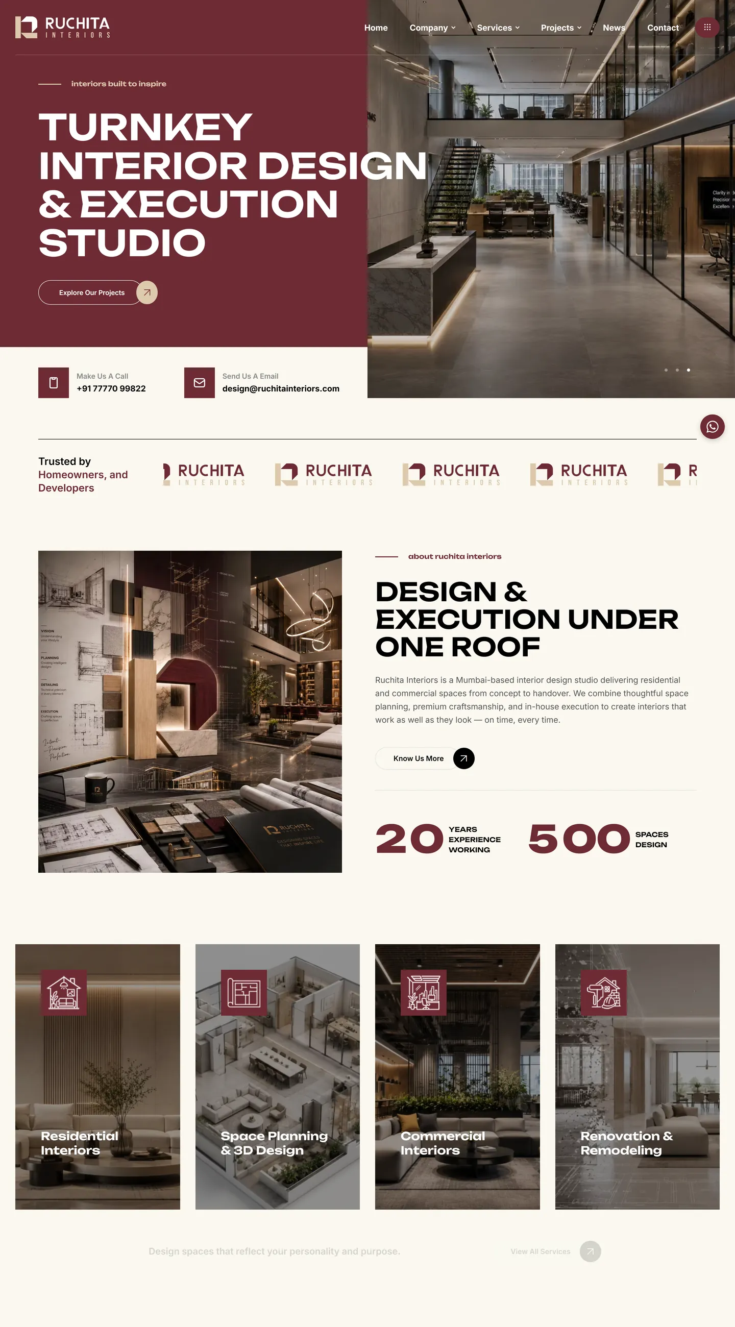 The Ruchita Interiors website, captured from the live site at desktop width.