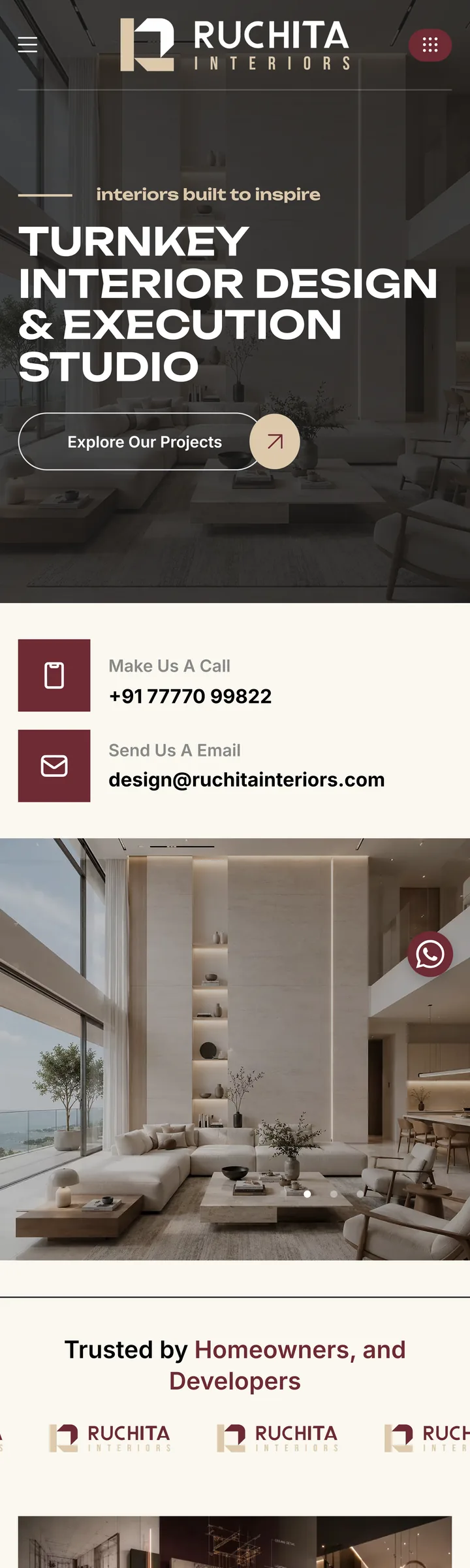 The Ruchita Interiors website, captured from the live site at mobile width.