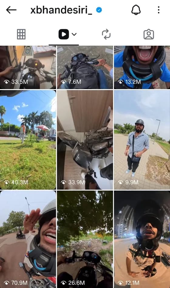Screenshot of the Instagram profile @xbhandesiri_ with the Reels tab open, showing nine Reels with view counts from 7.6M to 70.9M